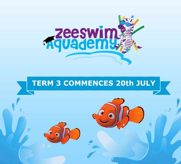 Zeeswim Aquademy announces Term 3 starting 20th July with playful fish graphics.