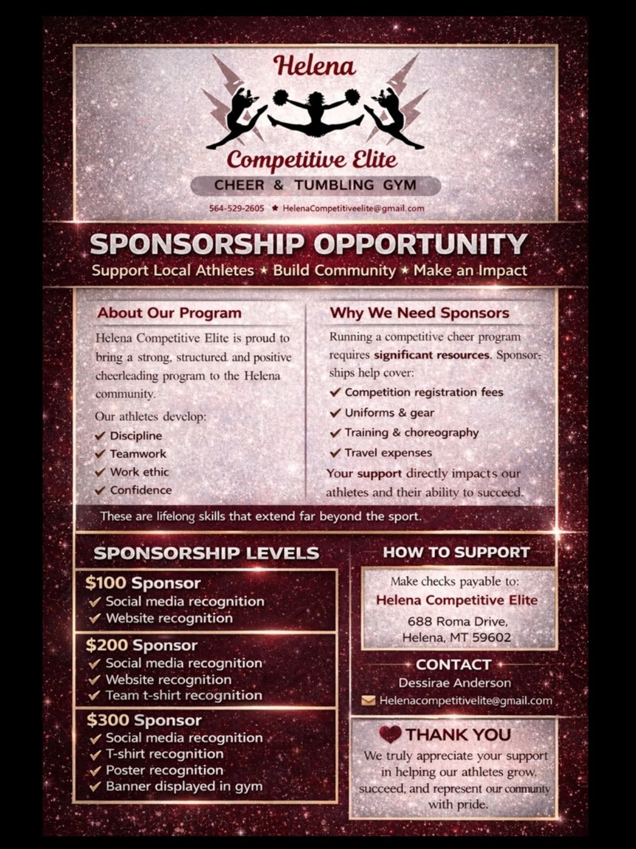 Helena Competitive Elite Cheer &amp; Tumbling Gym sponsorship opportunity to support athletes and community.