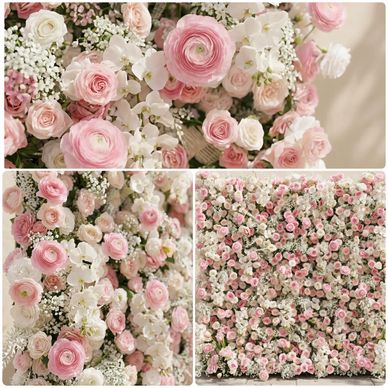 Elegant wall of pink and white roses and orchids.