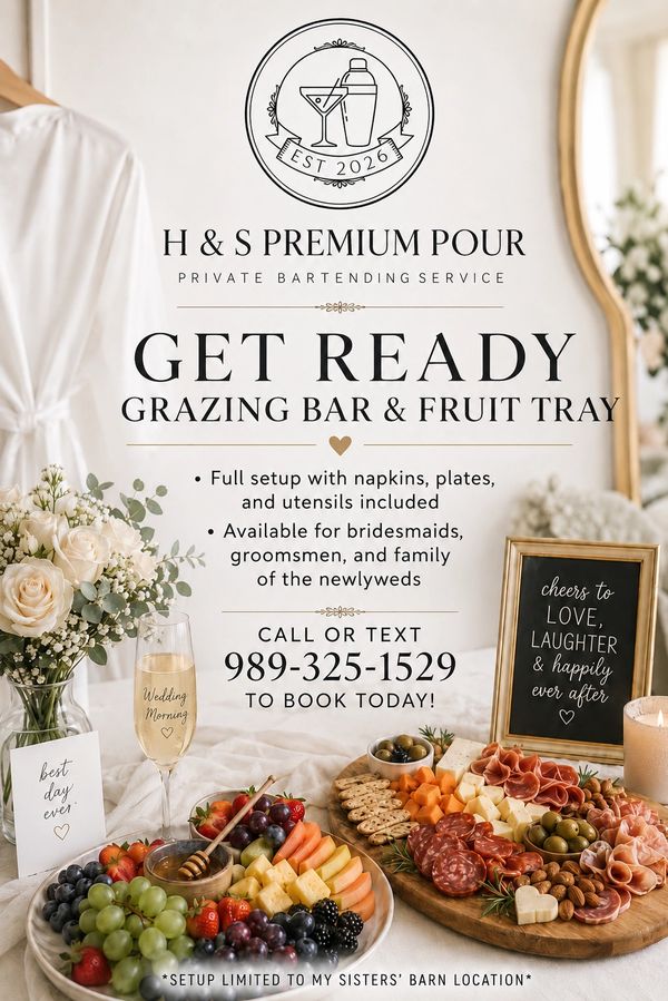 Elegant grazing bar and fruit tray setup for weddings by H &amp; S Premium Pour bartending service.