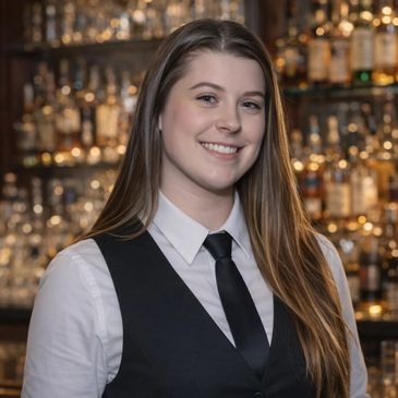 Smiling bartender in a vest and tie stands before a well-stocked bar.