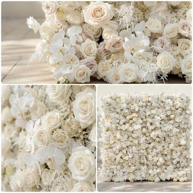 Elegant white floral arrangements with roses and orchids.
