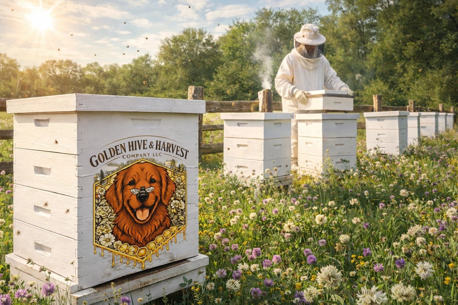 A beekeeper tending to white beehives in a sunny flower-filled field.