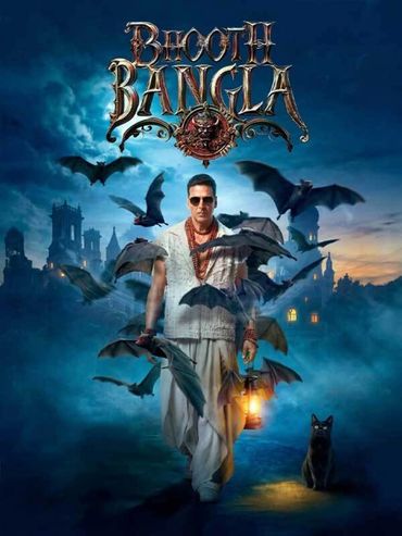 A man in traditional attire walks with bats flying around him and a black cat beside him.