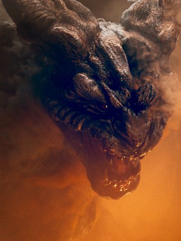 A menacing dragon head emerging from smoke.