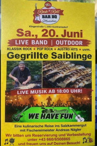 Werbung für ein Live-Musik- und Barbecue-Event am 20. Juni in Guntramsdorf.