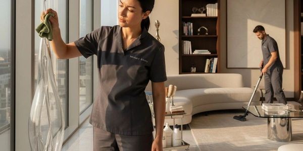 Two professional cleaners tidying a modern living room with large windows.