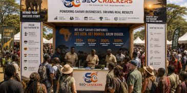 Crowd gathers at SEO Crackers' safari marketing booth outdoors.