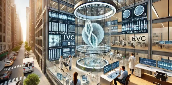 Futuristic genetic testing center with advanced DNA technology and scientists at work.