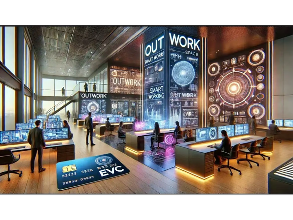 Futuristic office with holographic displays and digital workstations.