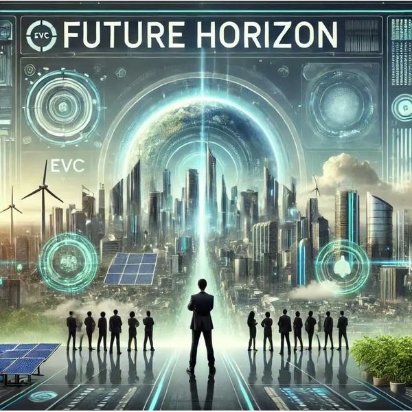 A futuristic cityscape with people observing advanced technology and sustainability features.