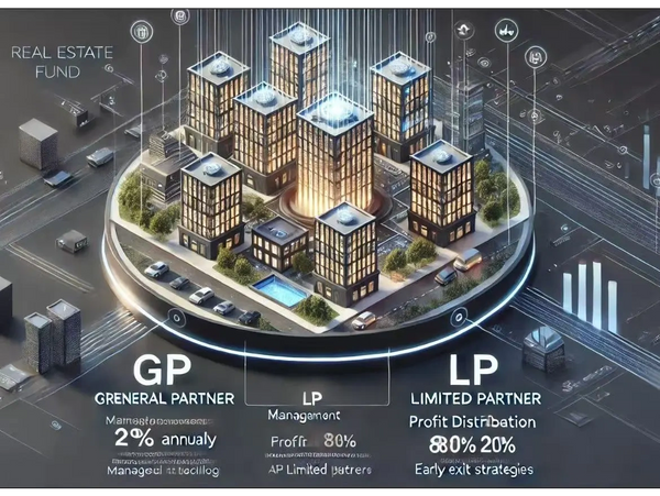 3D city model illustrating roles and profit distribution in real estate fund partnerships.
