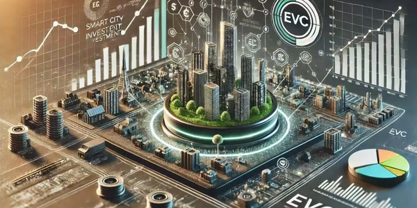 3D smart city model with investment graphs and data analytics visuals.