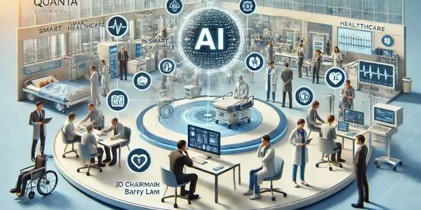 AI-driven healthcare environment with professionals using advanced technology and data analytics.