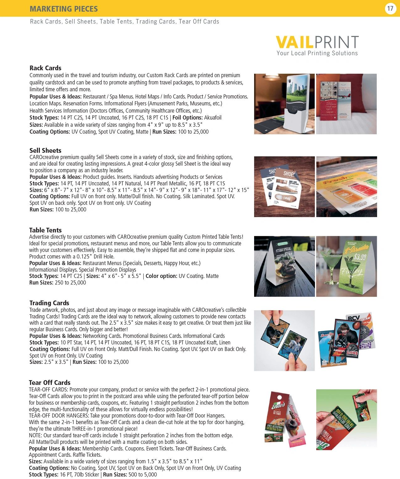 rack cards, sell sheets, table tents, trading cards, tear off cards, Graphic Design, Vail Print 