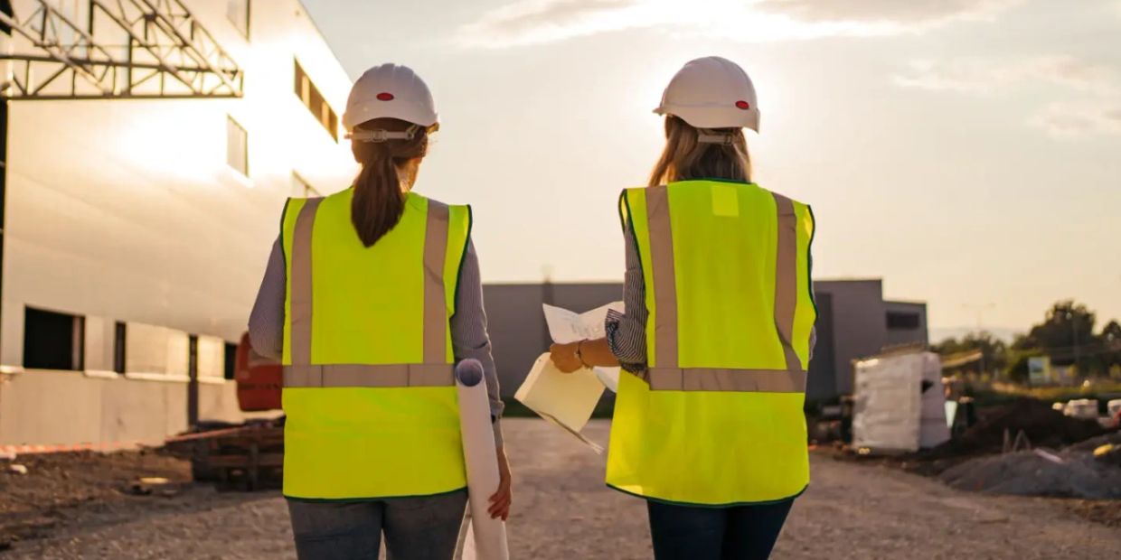 Two female construction workers reviewing plans at a site.