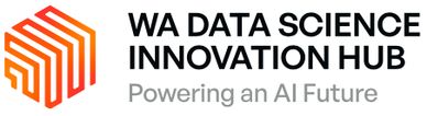 Orange cube logo to the left. Wording -  WA Data Science Innovation Hub | Powering an AI Future