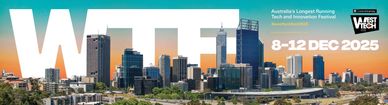 Big lettering WTF to symbolise West Tech Fest with a blue and orange background across Perth skyline