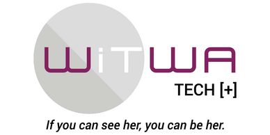 WiTWA Tech [+] on white background & grey circle around the WIT. If you can see her, you can be her
