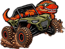 A cartoon dinosaur driving a monster truck.