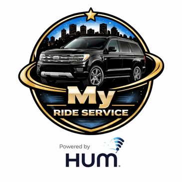 Logo featuring a black SUV with city skyline, text 'My Ride Service', and 'Powered by Hum'.