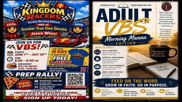 Colorful flyers for Kingdom Racers VBS and Adult VB Morning Manna events.
