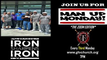 Group photo promoting Man Up Monday Zoom event by GTV Church.