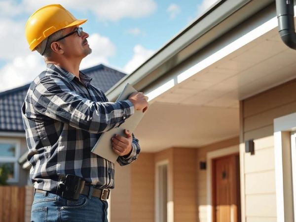 Construction worker inspecting a house exterior with a clipboard.