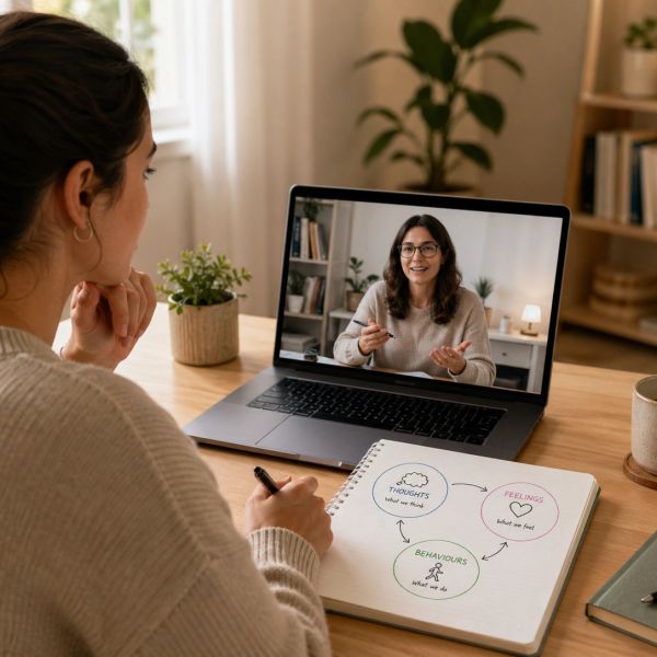 A woman attends an online therapy session, taking notes on thoughts, feelings, and behaviors.