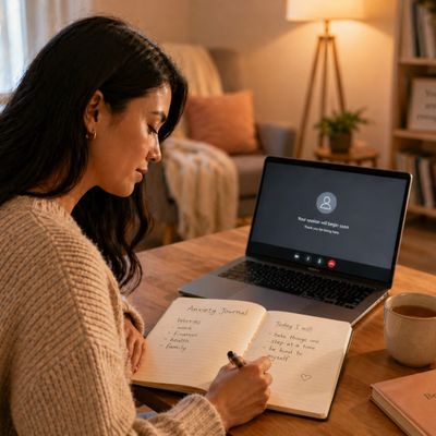 Woman journaling while on a video call at home in cozy setting.
