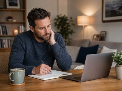 Man writing in notebook while looking at laptop at home.
