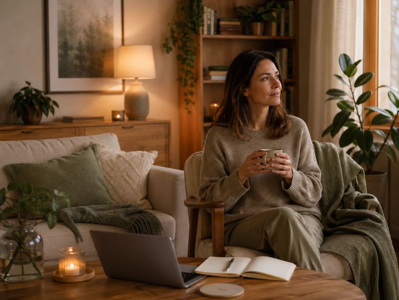 Woman enjoying a peaceful moment with a cup of tea in a cozy, well-decorated living room.