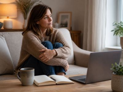 A woman sitting on a couch looking thoughtfully out a window.