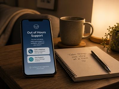 Phone screen showing out of hours support options next to a notebook with a motivational note.