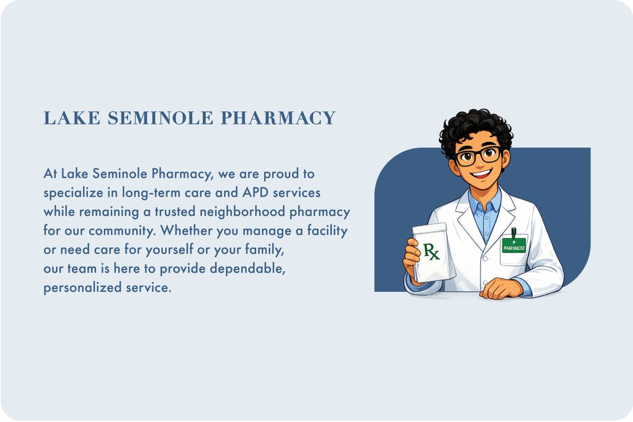 Illustration of a friendly pharmacist promoting Lake Seminole Pharmacy's long-term care services.