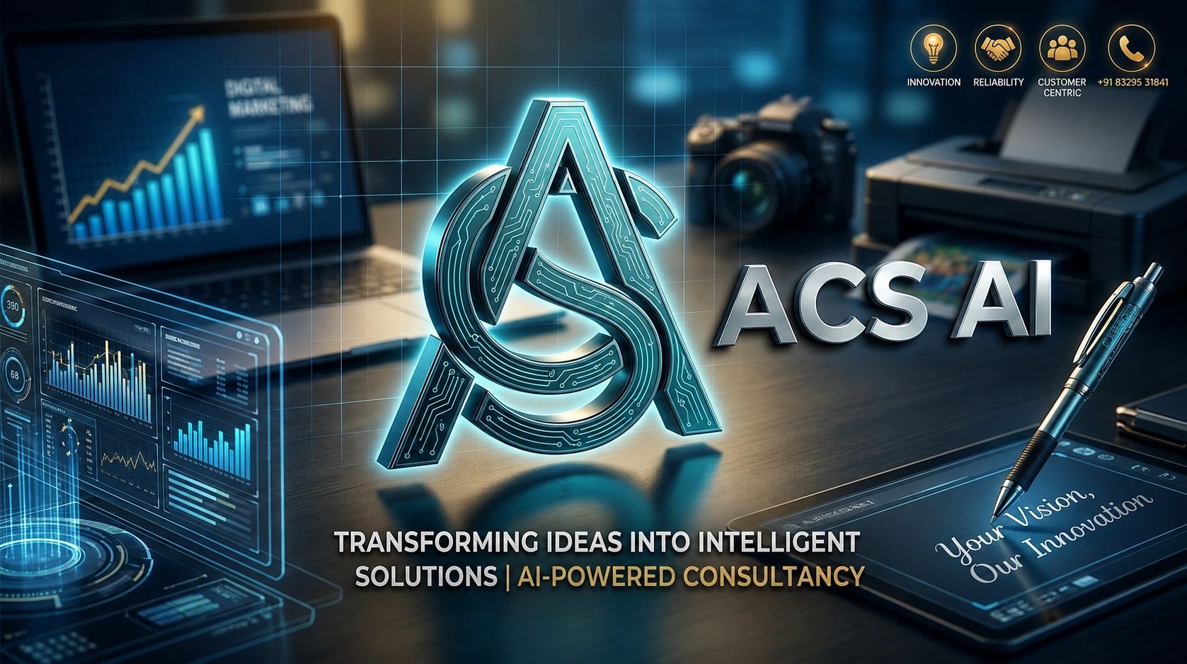 ACS AI branding with AI-powered consultancy theme.