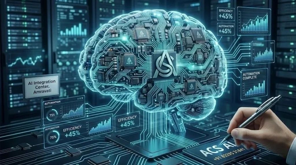 Digital brain illustration with AI and data charts.