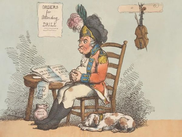 Cartoon of a man in military attire sitting with a dog and a violin hanging on the wall.