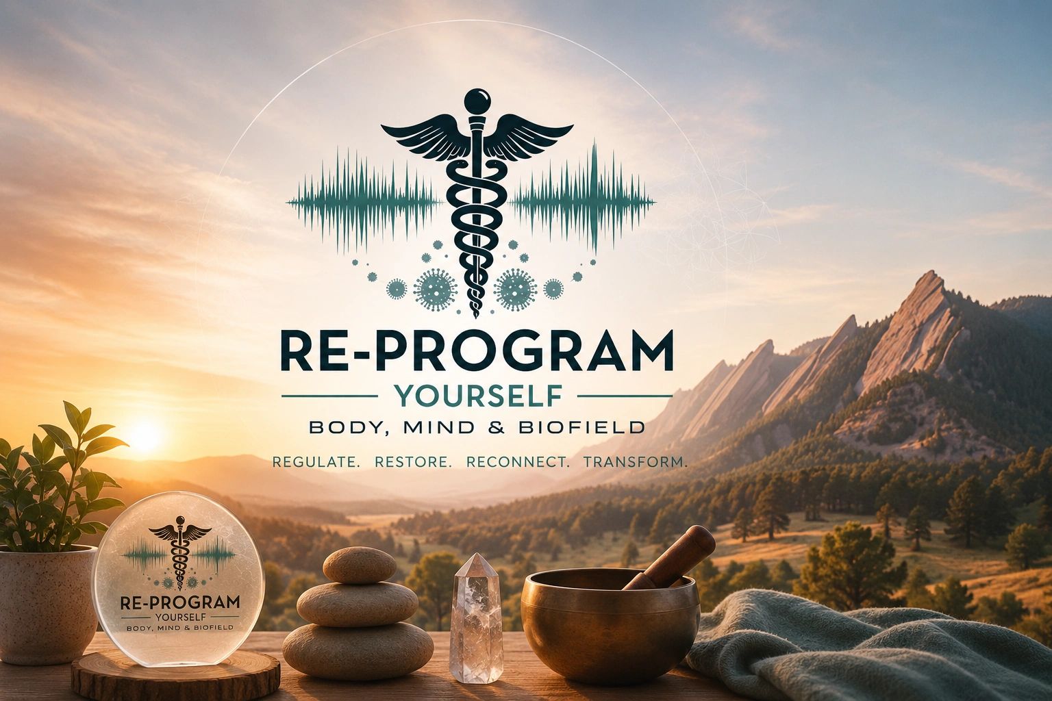 Re-Program Yourself wellness concept with mountains and meditation items.