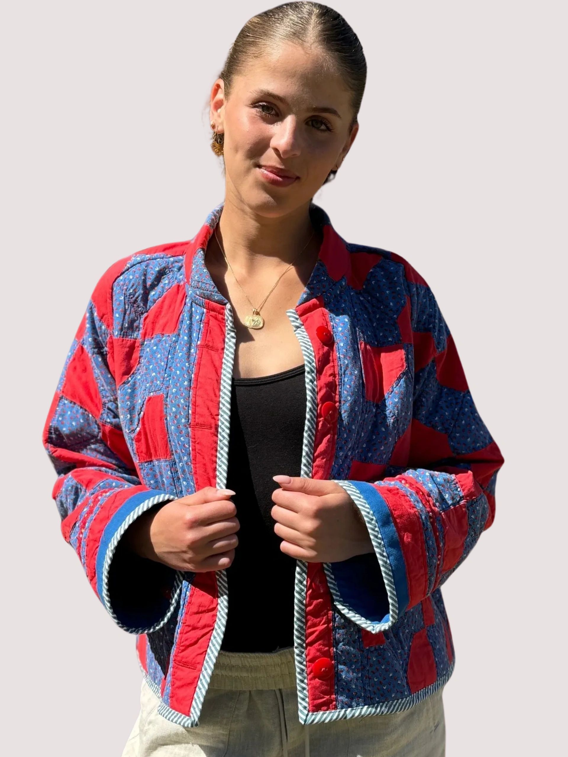 Bomber Jacket Made from a Vintage “Bow Tie” Pattern Hand Stitched Patchwork Quilt
