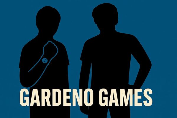 Silhouette of the Gardeno Games team in front of the logo text 'Gardeno Games' 