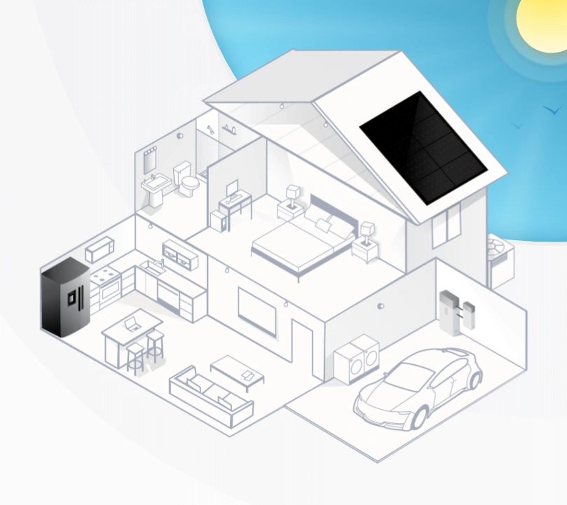 A sketch of a home with a recently installed solar panel and its solar battery
