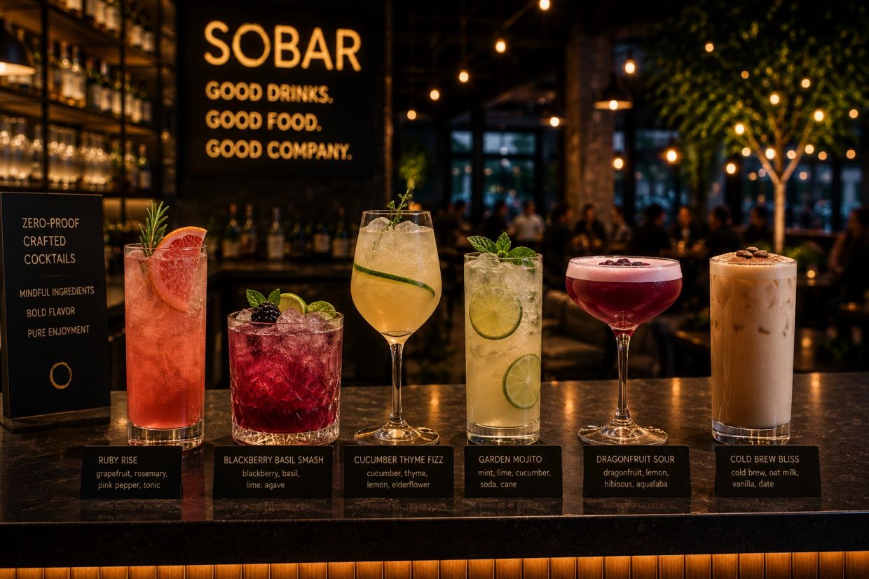 Six vibrant zero-proof crafted cocktails at a bar.
