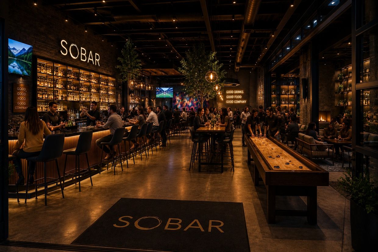 Cozy bar interior with people socializing and shuffleboard.