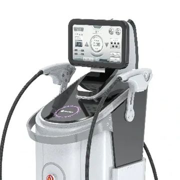 Professional medical or cosmetic laser device with touchscreen and handheld applicators.