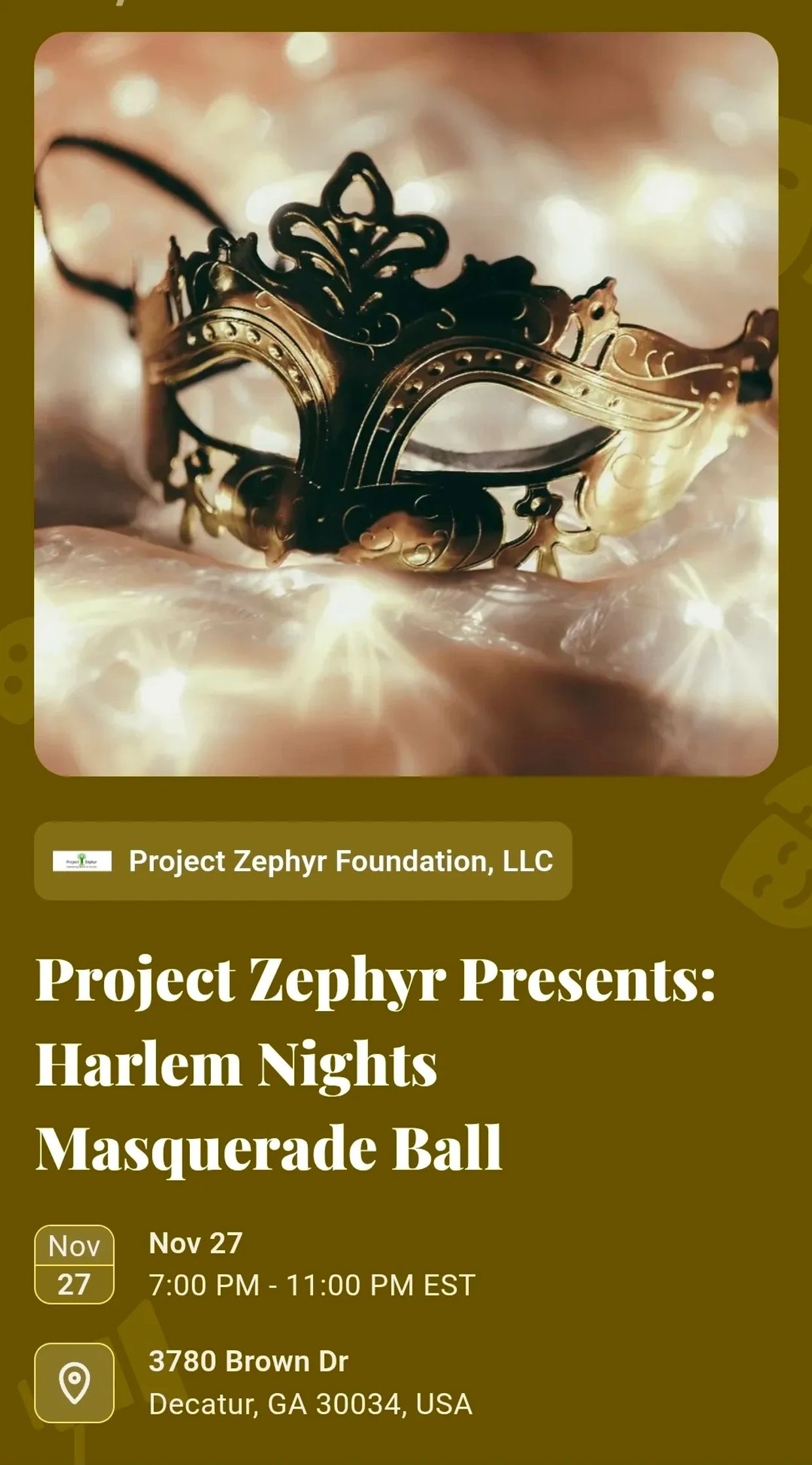 Gold masquerade mask with event details for Harlem Nights Masquerade Ball.