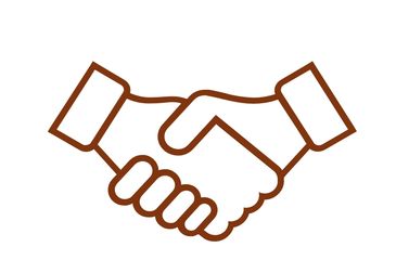 Simple handshake icon in brown.