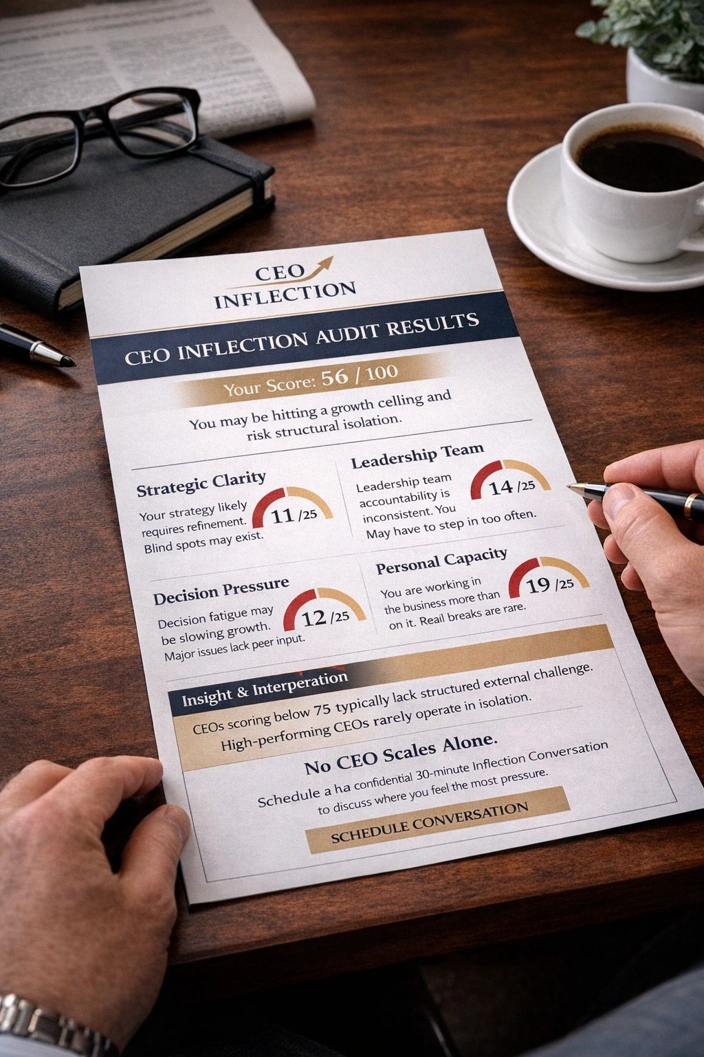 Person reviewing a CEO Inflection audit report with coffee and glasses on a desk.