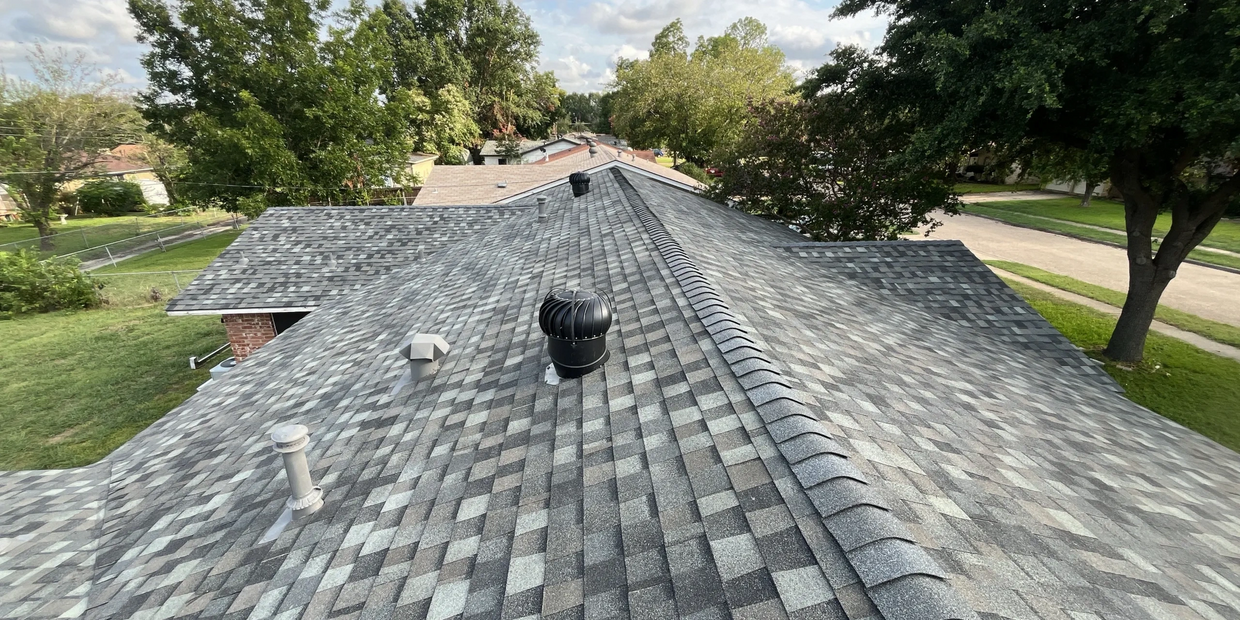 rooftop in mesquite Texas after a roof replacement. class 3 shingles installed on this home.