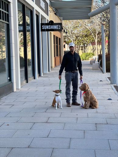 Jeff with two dogs on leash beside storefronts.
